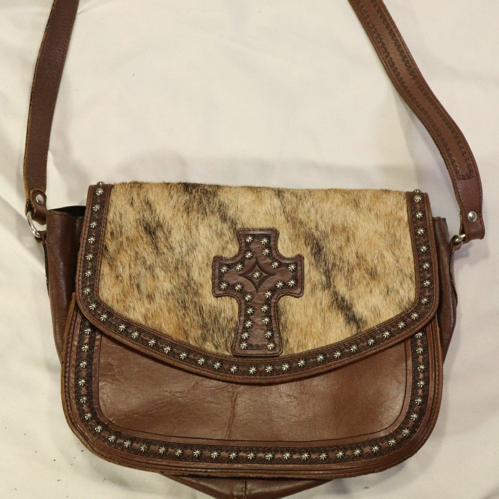 Genuine Leather Cow Hair Cross Studded Accent Shoulder Purse